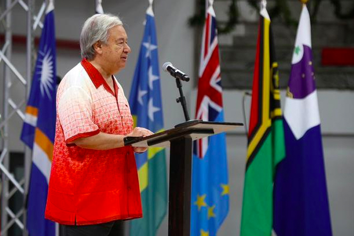 UN Secretary-General António Guterres delivers remarks at the 53rd Pacific Islands Forum opening ceremony in Tonga.