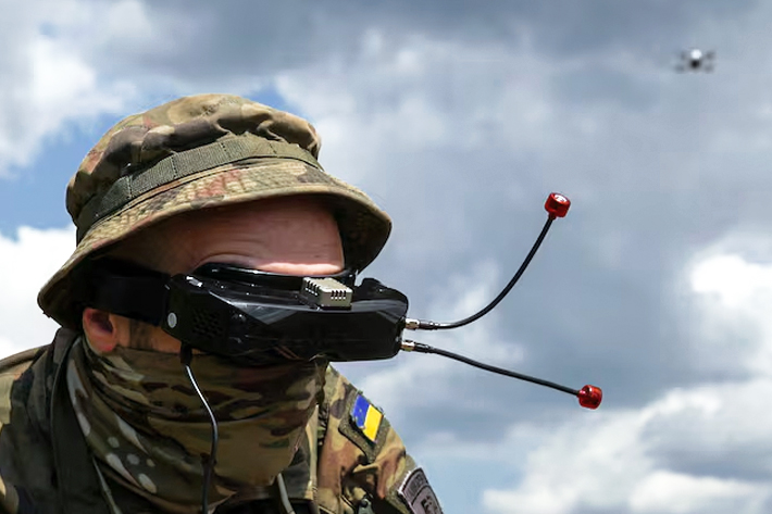 A Ukrainian marine attends a FPV-drone flight training, amid Russia's attack on Ukraine.