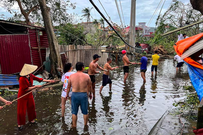 People remove fallen trees following the impact of Typhoon Yagi, in Hai Phong, Vietnam.