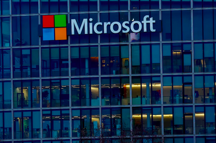 A view shows a Microsoft logo at Microsoft offices