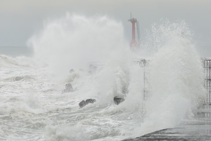 Waves splash as Typhoon Krathon approaches, in Kaohsiung, Taiwan