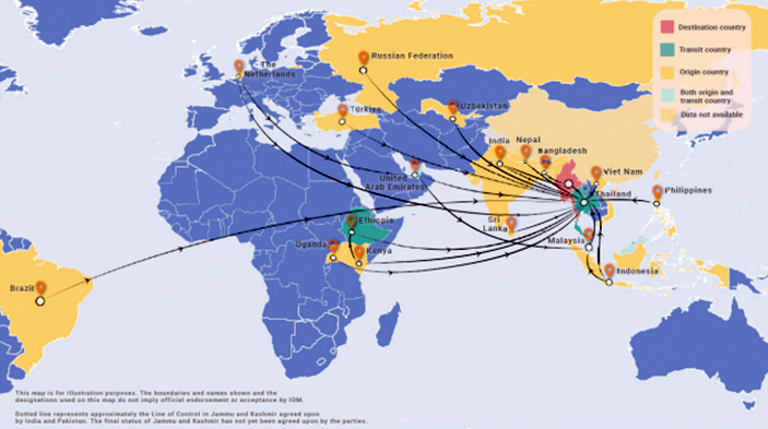 An IOM map showing common trafficking routes to scam centres in Southeast Asia (UNODC)