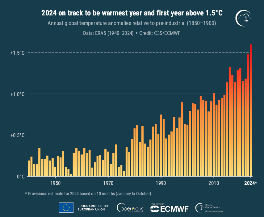 Annual global surface air temperature anomalies (°C) relative to 1850–1900 from 1940 to 2024.