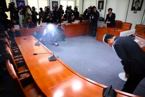 South Korea's opposition Democratic Party leader Lee Jae-myung bows after releasing a statement to the public at the National Assembly in Seoul, South Korea